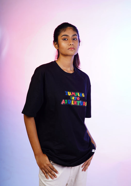 Jumping into Adventure - Black Oversized T-shirt Women