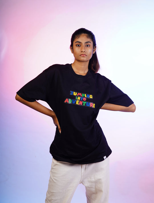 Jumping into Adventure - Black Oversized T-shirt Women